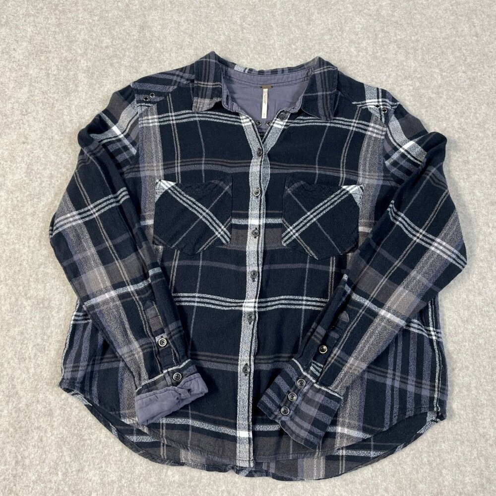 FREE‎ PEOPLE Top Womens Size Sm Blue Plaid Button Front Flannel Shirt Comfy Cozy - Picture 2 of 11